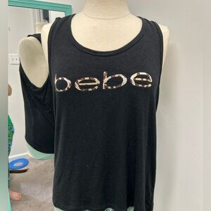Bebe Black Sport Tank Top with Foil Animal Print Logo